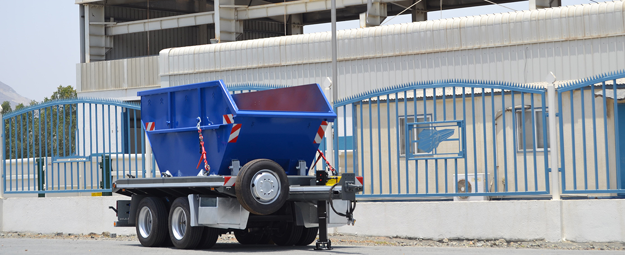 reduce business waste with proper garbage skip usage, showcasing a commercial skip bin on a trailer - POWER bear